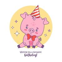 söt liten gris bär fluga och födelsedag keps. illustration. festlig Lycklig födelsedag kort med rolig tecknad serie söt djur- karaktär. vektor