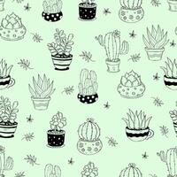 nahtlos Muster mit Blumentöpfe Kaktus auf Licht Grün Hintergrund. Illustration. botanisch endlos Hintergrund mit exotisch eingetopft Blumen Kakteen im Gekritzel Stil. vektor