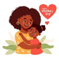 söt Lycklig etnisk svart kvinna mor med henne dotter. Lycklig mors dag kort. illustration i platt tecknad serie stil vektor