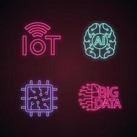 Neonlichtsymbole für künstliche Intelligenz gesetzt. neurales Netzwerk. Neurotechnologie. Internet der Dinge, Big Data, Chip, KI. leuchtende Zeichen. isolierte Vektorgrafiken vektor