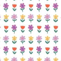 Frühling Blumen- regulär nahtlos Muster. bunt Blume wiederholen auf Weiß Hintergrund. süß kindisch Natur Design im Karikatur eben Stil zum Abdeckung, drucken. vektor