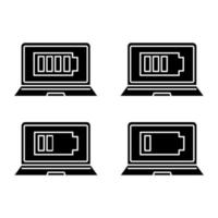 bärbar dator batteriladdning glyph ikoner set. dator hög, låg, medelladdning. batterinivåindikator för notebook. siluett symboler. vektor isolerade illustration