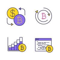 Bitcoin-Kryptowährungs-Farbsymbole gesetzt. Währungsumtausch, Bitcoin-Rückerstattung, Marktwachstumsdiagramm, Mining-Software. isolierte vektorillustrationen vektor