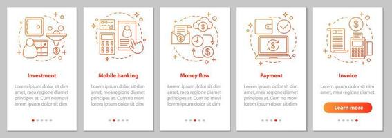 banking onboarding mobil app sidskärm med linjära koncept. Finansiella tjänster. pengaflöde, betalning, investering, mobilbank, instruktioner för fakturasteg. ux, ui, gui vektorillustrationer vektor