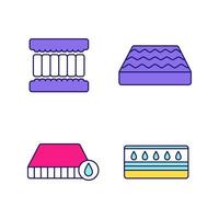 ortopedisk madrass färg ikoner set. vattentät, vattenmadrass, memory foam filler. isolerade vektorillustrationer vektor