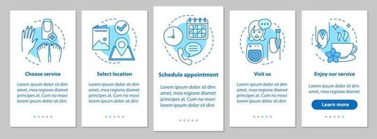 Nagelstudio Onboarding mobiler App-Seitenbildschirm mit linearen Konzepten. Maniküre Termin. Maniküre-Service-Schritte grafische Anweisungen. ux, ui, gui-Vektorvorlage mit Illustrationen vektor