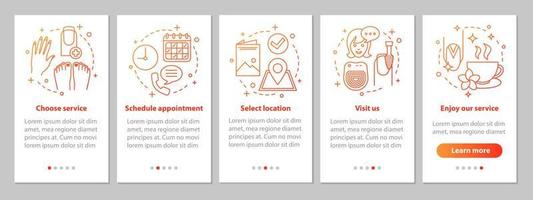 nagelsalong onboarding mobil app sidskärm med linjära koncept. manikyr tid. manikyr service steg grafiska instruktioner. ux, ui, gui vektormall med illustrationer vektor