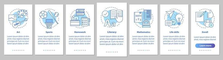 nach dem Schulprogramm Onboarding mobiler App-Seitenbildschirm mit linearen Konzepten. Schulfächer Schritte grafische Anweisungen. nachschulische Ausbildung. ux, ui, gui-Vektorvorlage mit Illustrationen vektor