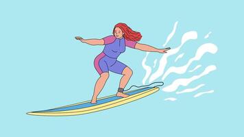 flicka surfare fångster en Vinka på styrelse. vatten sporter. surfing. balans, balans. hav hav. vektor