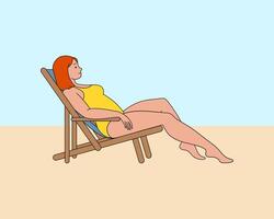 Mädchen im ein Sonne Liege isoliert auf das Strand gegen das Hintergrund von das Meer. weiblich Charakter im ein Gelb Badeanzug. Sonnenbaden vektor