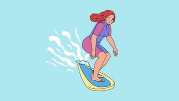flicka surfare fångster en Vinka på henne styrelse. vatten sporter. surfing. balans, balans. hav hav. vektor