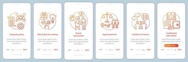 Geschäftsethik beim Onboarding der mobilen App-Seitenbildschirmvektorvorlage. soziale Verantwortung des Unternehmens. csr Walkthrough-Website-Schritte. Unternehmensgrundsätze. ux, ui, gui Smartphone-Schnittstellenkonzept vektor