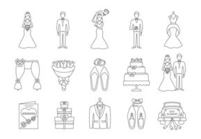 Hochzeitsplanung lineare Symbole gesetzt. Brautkleid, Accessoires, Auto, Blumensträuße. Dienstleistungen einer Hochzeitsagentur. Engagement. dünne Linienkontursymbole. isolierte Vektorgrafiken. bearbeitbarer Strich vektor