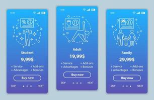Abonnementpreise beim Onboarding mobiler App-Bildschirme Vektorvorlagen. Studenten-, Familien-, Erwachsenentarife. Walkthrough-Website-Seiten-Schnittstelle. Kosten für die Mitgliedschaft im Fitnessstudio. Webseiten-Layout für Smartphone-Zahlungen vektor