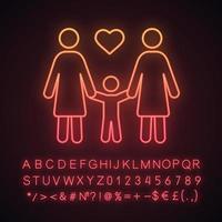 lesbische Familie Neonlicht-Symbol. gleichgeschlechtliche Erziehung. zwei Mütter mit Kind. lesbische Adoption. LGBT-Eltern. zwei Frauen mit Kind. leuchtendes Schild mit Alphabet, Zahlen, Symbolen. isolierte Vektorgrafik vektor