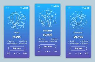 tariff planer onboarding mobil app skärmar vektor mallar. genomgång av webbsidors gränssnitt. grundläggande, standard, premium leveranspriser. smartphoneprenumeration, webbsidalayout för medlemsbetalning