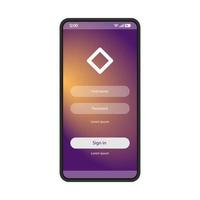Benutzerautorisierung Smartphone-Seitenvektorvorlage. Anmelden. Design-Layout für die mobile App-Schnittstelle. Anmelden, Anmeldebildschirm. flache UI-Anwendung. Anmeldung. Telefondisplay mit Passwort und Benutzername vektor