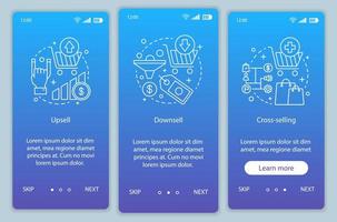 marknadsföring onboarding mobil app sida skärm vektor mall. merförsäljning, nedförsäljning, korsförsäljning. säljtekniker genomgång av webbplatssteg med linjära illustrationer. ux, ui, gui smartphone-gränssnitt