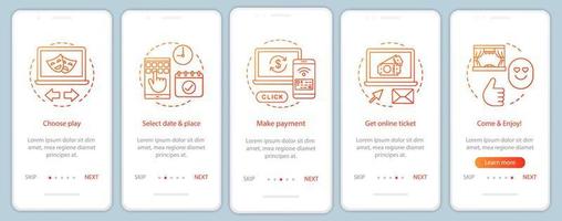 teater onboarding mobil app sida skärm vektor mall. styck online biljettbetalning. spektakelhändelse. genomgång av webbplatssteg med linjära illustrationer. ux, ui, gui smartphone gränssnitt koncept