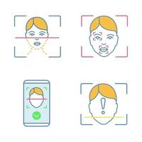 ansiktsigenkänning färg ikoner set. biometrisk identifiering. ansiktsskanningsprocess, markörer och punkter, skyddsapp för smartphone, id-skanning oidentifierad. isolerade vektorillustrationer vektor