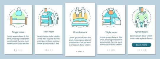 hotellrumstyper onboarding mobil app sidskärm med linjära koncept. enkel-, tvåbädds-, dubbel-, familjerums genomgångssteg grafiska instruktioner. ux, ui, gui vektormall med illustrationer vektor