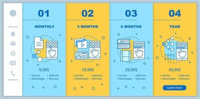 Abonnementgebühr für Online-Kurse Onboarding mobiler App-Bildschirme mit Servicepreisen. Exemplarische Vorlagen für Website-Seiten. E-Learning. Schritte zum Cloud-Speichertarif. Webseiten-Layout für Smartphone-Zahlungen vektor