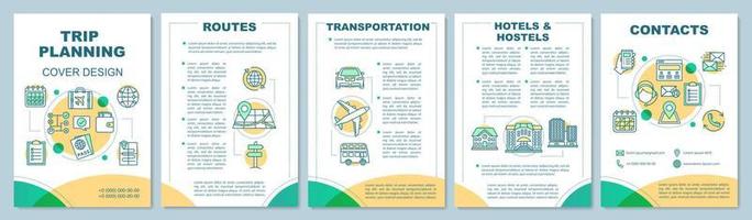 malllayout för reseplaneringsbroschyr. resebyrå välj rutt, transport, hotell. biljettbokning. flygblad, häfte, broschyr print design med linjära ikoner. vektor sidlayouter för tidskrifter, affischer