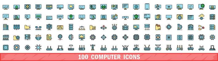 100 dator ikoner uppsättning, Färg linje stil vektor