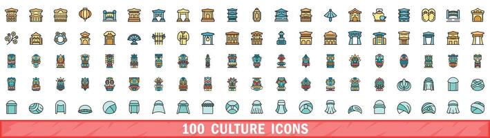 100 kultur ikoner uppsättning, Färg linje stil vektor