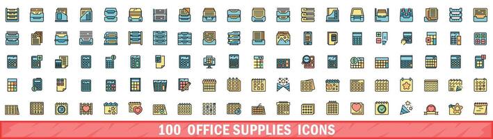 100 Büro liefert Symbole Satz, Farbe Linie Stil vektor