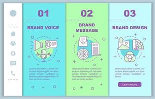 Branding-Elemente beim Onboarding der Vektorvorlage für mobile Webseiten. Markenstimme, Design. Responsive Smartphone-Website-Schnittstellenidee, lineare Illustrationen. Schrittbildschirme für die Website-Walkthrough-Schritte. Farbkonzept vektor