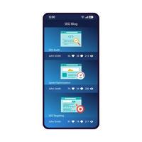 SEO-Blogging-App-Smartphone-Schnittstellenvektorvorlage. Mobile Seite blaues Design-Layout. Social-Networking-Plattform. Blogger-Profil mit Posts-Bildschirm. flache ui für die anwendung. Forum. Telefondisplay vektor