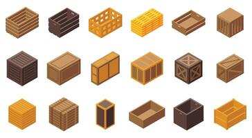 trä- lådor ikoner uppsättning isometrisk . lagring låda vektor