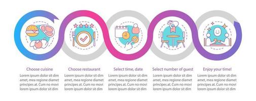 Restaurant-Vektor-Infografik-Vorlage. Abendessen im Café. Coulsine Menükarte. Designelemente für die Geschäftspräsentation. Datenvisualisierung mit fünf Schritten, Optionen. Zeitachsendiagramm des Prozesses. Workflow-Layout vektor