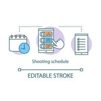 skytte schema koncept ikon. video pre-produktion idé tunn linje illustration. schemaläggning av filmproduktion. planering av filminspelningar. rollbesättning. vektor isolerade konturritning. redigerbar linje