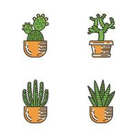 hus kaktusar i kruka färg ikoner set. suckulenter. taggiga växter. prickly pear, cholla, zebra kaktus, orgelpipa. isolerade vektorillustrationer vektor