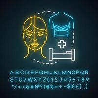 Symbol für brennende Chirurgie Neonlicht. Verbrennungen und Wundbehandlung. rekonstruktive kosmetisch-plastische Chirurgie. leuchtendes Schild mit Alphabet, Zahlen und Symbolen. isolierte Vektorgrafik vektor