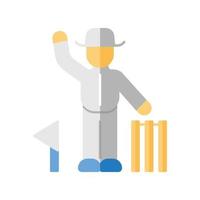 Cricket-Richter flaches Design lange Schatten Farbsymbol. Schiedsrichter signalisiert Entscheidung. Schiedsrichter verfolgen Spiel. Mann in Uniform, Flagge und Wicket. sportliche Aktivität im Freien. Vektor-Silhouette-Abbildung vektor