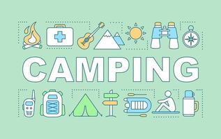 Camping Wortkonzepte Banner. Familienzeit zusammen. Wandern. Übernachtung im Zelt. Präsentation, Webseite. isolierte Schrifttypografie-Idee, lineare Symbole. Vektor-Umriss-Abbildung vektor