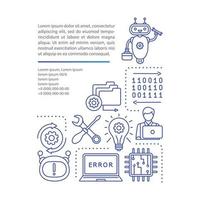 Vektorvorlage für Computerreparaturartikel. PC-Techniker-Service. Broschüre, Magazin, Broschürengestaltungselement mit linearen Symbolen und Textfeldern. Druckdesign. Konzeptillustrationen mit Textraum vektor