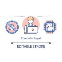 Symbol für das Konzept der Computerreparatur. PC-Techniker-Service. Laptop reparieren, einrichten. Software Installation. Tester bei der Arbeit. Debugging-Idee dünne Linie Illustration. Vektor isolierte Umrisszeichnung. bearbeitbarer Strich