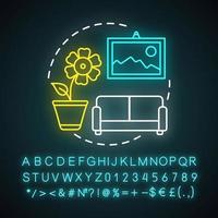 Hausdekoration Neonlicht-Konzept-Symbol. Idee für den Heimservice. Wohnung reparieren. Innenarchitekt. Wiederaufbau des Hauses. leuchtendes Schild mit Alphabet, Zahlen und Symbolen. isolierte Vektorgrafik vektor