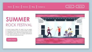 sommar rock festival målsida vektor mall. utomhuskonsert webbplats gränssnitt idé med platta illustrationer. layout för musikfestens hemsida. utomhus rockfest webbbanner, webbsida tecknad koncept