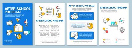 efter skolan program broschyr mall layout. lärocenter. flygblad, häfte, broschyrtryckdesign med linjära illustrationer. vektor sidlayouter för tidskrifter, årsredovisningar, reklamaffischer