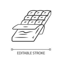 Lineares Symbol für Schokoriegel. dunkle, Milchbonbons. Schokoladenverpackung, Verpackung halb geöffnet. Süßwaren. Toffee. dünne Linie Abbildung. Kontursymbol. Vektor isolierte Umrisszeichnung. bearbeitbarer Strich