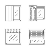 Fensterbehandlungen lineare Symbole gesetzt. Plattenschienen, Liner, Volant. Küche, Wohnzimmervorhang. Innenarchitektur des Hauses. dünne Linienkontursymbole. isolierte Vektorgrafiken. bearbeitbarer Strich vektor