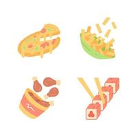 snabbmat platt design lång skugga färg ikoner set. pizza, pommes frites, kycklingklubbor, sushi. italiensk, amerikansk, asiatisk mat. feta rätter. restaurang, cafémeny. vektor siluett illustrationer