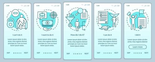 Motivation Onboarding mobiler App-Seitenbildschirm mit linearen Konzepten. Zielerreichung, Problemlösung. Arbeit bekommen. Schritte grafische Anweisungen. ux, ui, gui-Vektorvorlage mit Illustrationen vektor