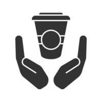 Offene Handflächen mit Pappbecher-Glyphensymbol. Silhouette-Symbol. kostenloser Kaffee, Tee zum Mitnehmen. negativen Raum. isolierte Vektorgrafik vektor