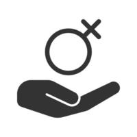 Offene Hand mit weiblichem Symbol Glyph-Symbol. Gesundheitsversorgung von Frauen. Silhouette-Symbol. Spiegel der Venus. negativen Raum. isolierte Vektorgrafik vektor